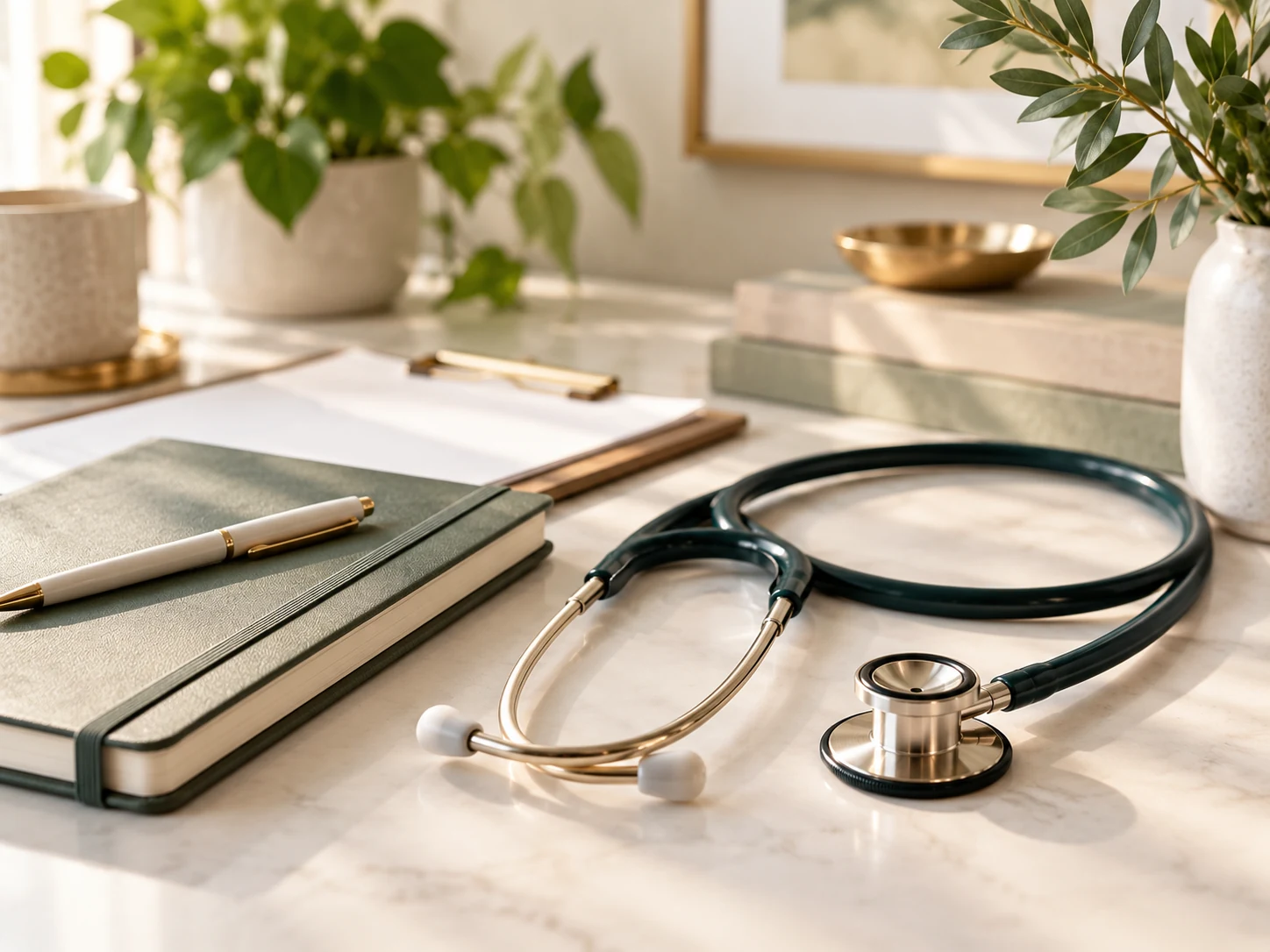Stethoscope and notebook arranged on an elegant wellness desk
