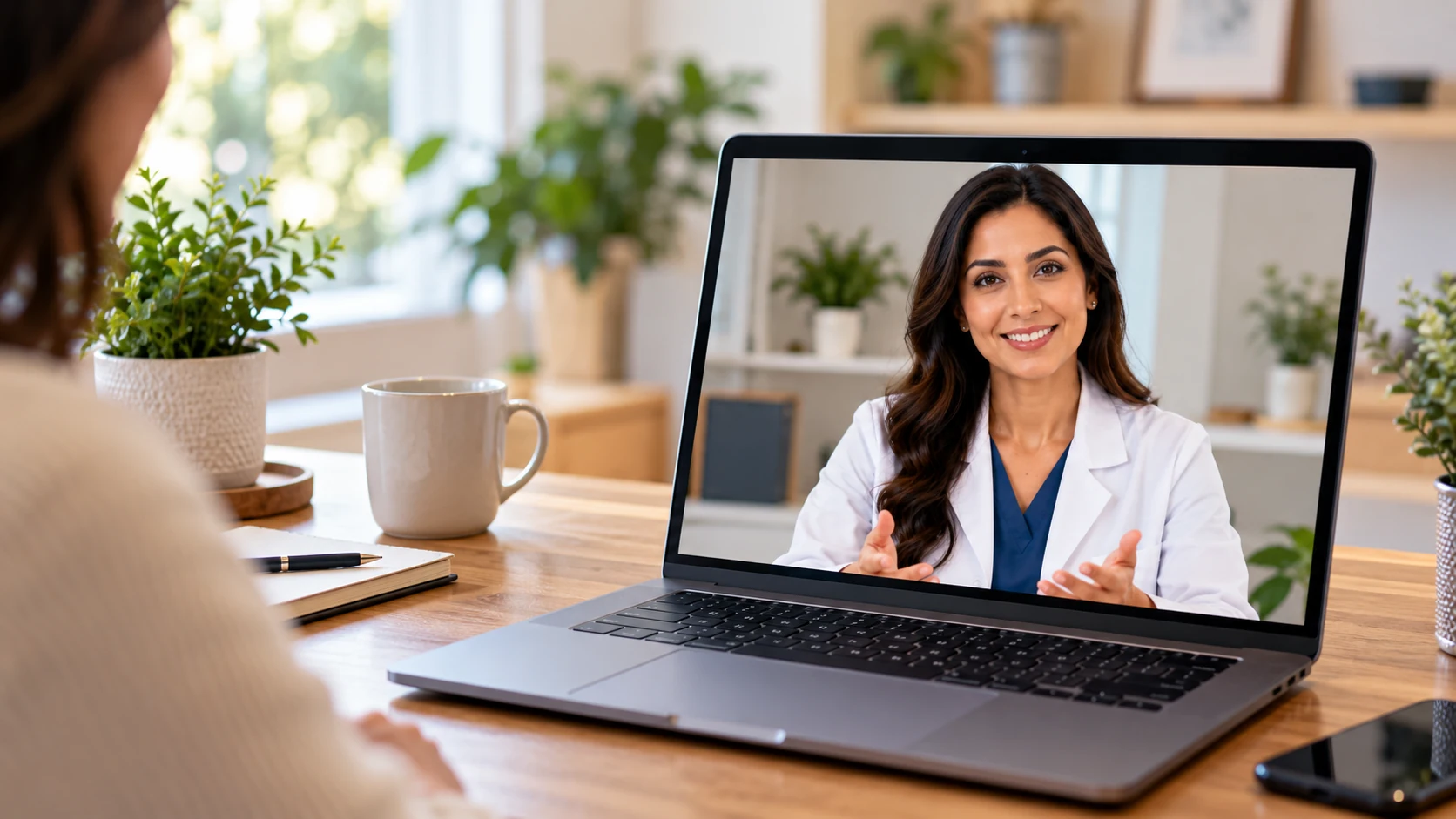 Illustrative telehealth video consultation on a laptop
